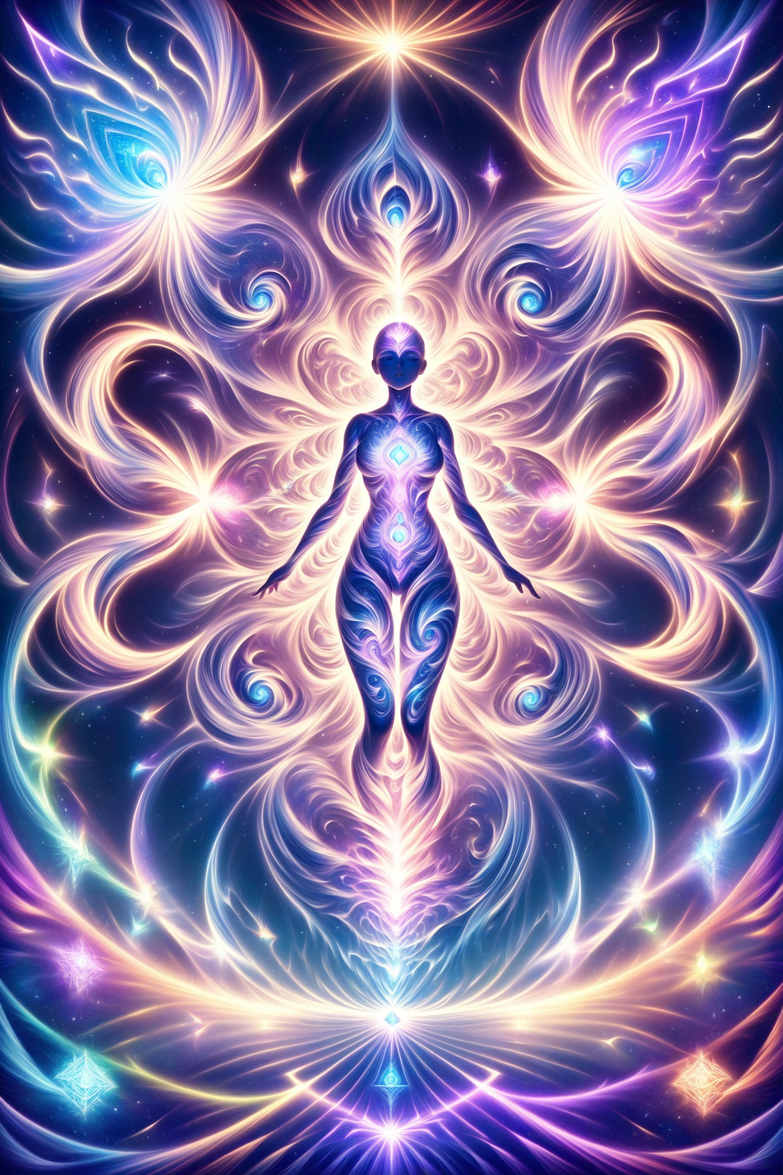  visionary art ,pen art, (symmetrical), spirit guide among a matrix of energy and light,bl4ckl1ghtxl,,transparent caustics light ,epic composition,universal energy, uv pastel colours, sacred geometry