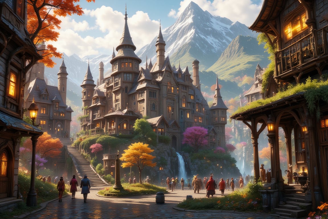  Beautiful Elven university and storybook cottages and shops  in a Fantasy Elven Village in autumn , mountains and waterfalls in the distance,Cobblestone road,atmospheric sun rays, gnomes elf villagers walking around,Trees, Hyperdetailed, colourful, digital Concept art, done on procreate,lightroom, Renaissance architecture, Lovely, Picturesque, Art by Eddie Mendoza, Studio Ghibli, Geometric Jean-baptiste Monge, Ivan Shishkin, Jordan Grimmer, An Jung-Hwan, yoann lossel, marc simonetti, HD, 8k,