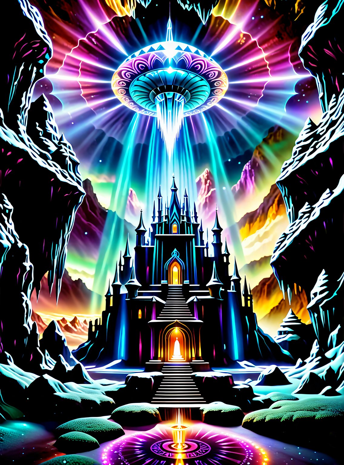 ((In the center of the MYSTICAL cave entrance surrounded by a large crystal formations is a GIANT  CASTLE  AND A  SEMI TRANSPARENT UFO MADE OF ASTRAL ENERGY HOVERS OF THE CASTLE THAT IS  MADE OUT OF SPIRITUAL ENERGY, it is made of translucent light and spiritual energy)) . A magical land psychedelic landscape wonderland with a  Guardian Spirit to watch over all. Dmt visuals. (visionary art style). ((symmetrical)) , uv, neon., uv highlights 
 fractals, sacred  geometry  and vivid color, (perfect symmetry),
 . Spirit realm, psychedelic landscape  , (masterpiece, best quality, ultra-detailed),, High detailed, detailed background, score_9, score_8_up, score_7_up, best quality, masterpiece,)) 4k,visionary art, everything fits into the image,