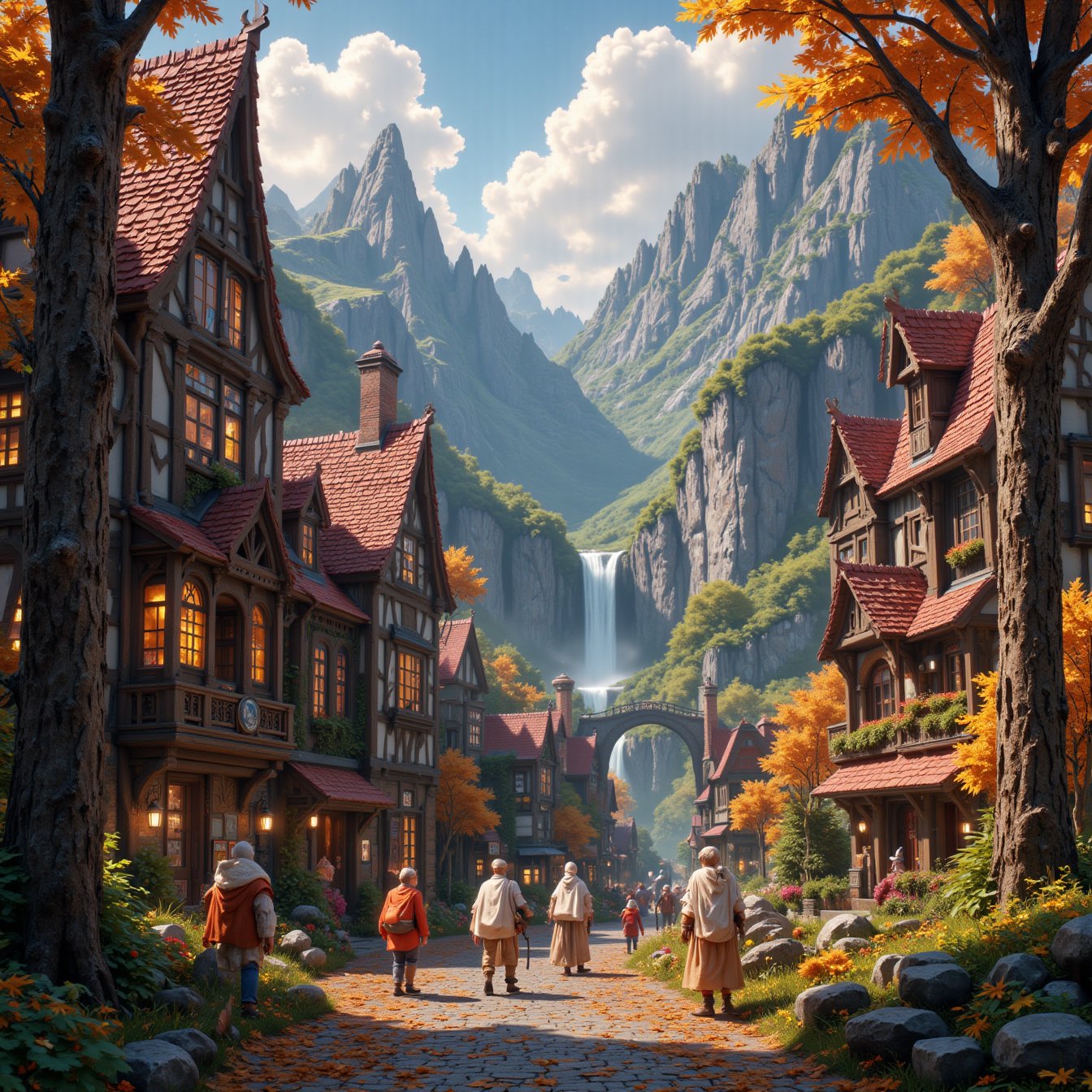Beautiful Elven university and storybook cottages and shops in a Fantasy Elven Village in autumn ,  mountains and waterfal...