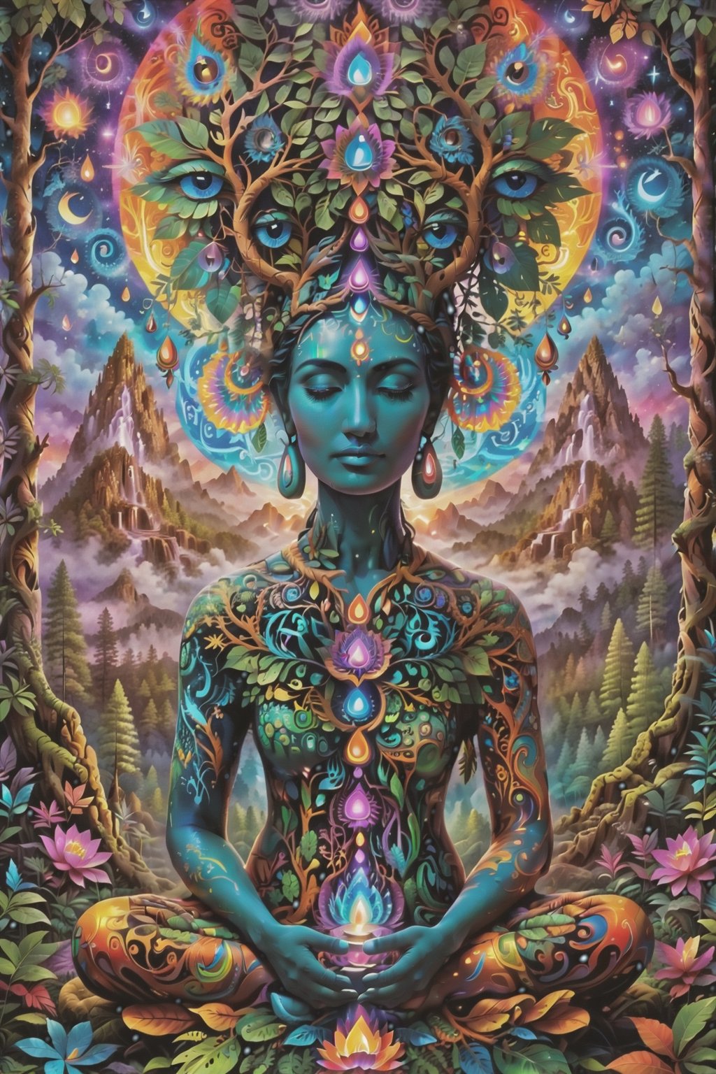 this person sits in a forest and transcends their ego mind and opens up to the spirit realm surrounding them. human in meditation, fractals, vivid color, 
"Visionary art is art that purports to transcend the physical world and portray a wider vision of awareness including spiritual or mystical themes, or is based in such experiences." , psychedelic visionary art ,animal spirits, ,spirits,spirit guides, , . Shamanic visions , ayahuasca visions . Spirit realm, metaphysical realm, esoteric,style, full body human,medium shot, perfect anatomy , psychedelic landscape surrounding the person , (masterpiece, best quality, ultra-detailed), (perfect hands, perfect anatomy), High detailed, detailed background, anatomically correct, beautiful face, detailed hands, perfect eyes, expressive eyes, score_9, score_8_up, score_7_up, best quality, masterpiece, 4k,visionary art,ULTIMATE LOGO MAKER [XL],bl4ckl1ghtxl