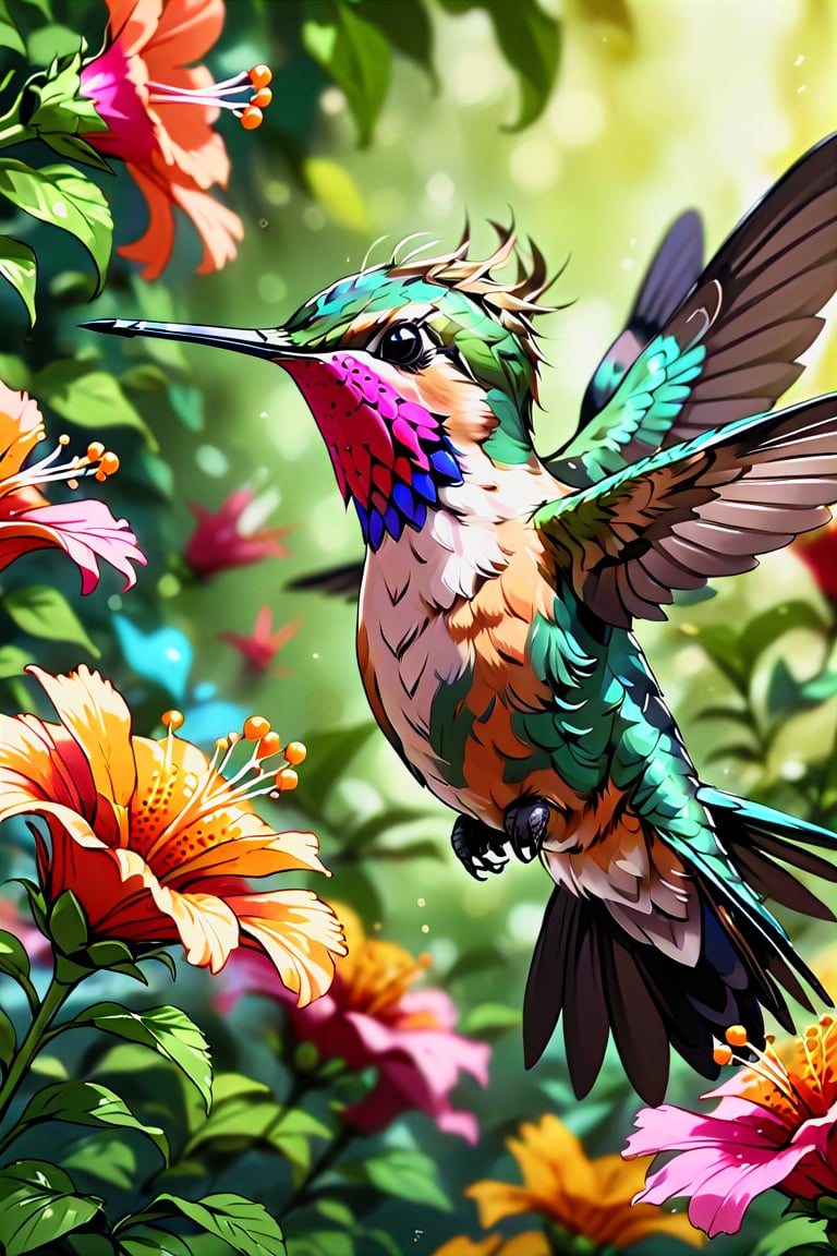 masterpiece), (best quality), (ultra detailed),(disheveled hair),(illustration),Pop Art Close-up shot of aa hummingbird feeding from a flower,from an anime-style illustration, rendered in realistic sketch style. The scene is framed within a out of focus garden background that fades , adding depth and mystery.