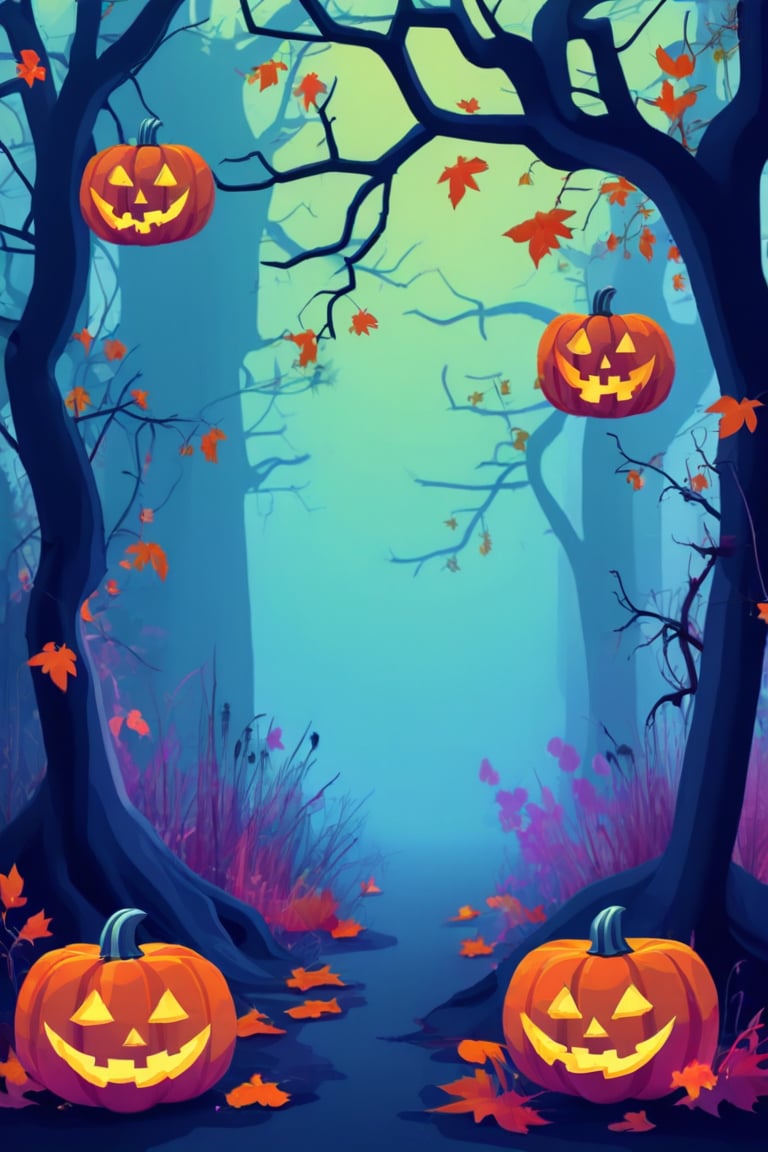 Flat art , 4 colors. Heavy line weight. Illustration scene  of a Halloween spooky forest environment. Simplistic.  Minimalistic.  Cute image. Sfw, pumpkins. Spider webs. Halloween  color palette. Vibrant color. Vector art illustration 