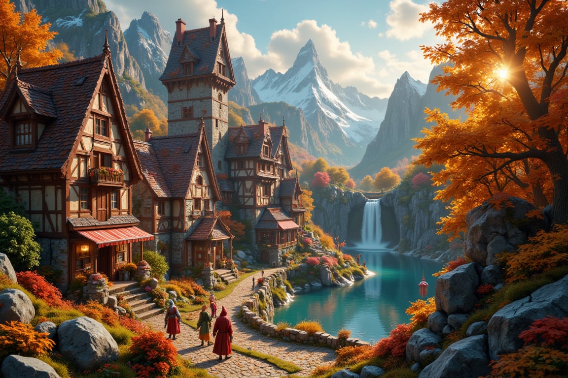 Beautiful Elven university and storybook cottages and shops in a Fantasy Elven Village in autumn ,  mountains and waterfal...