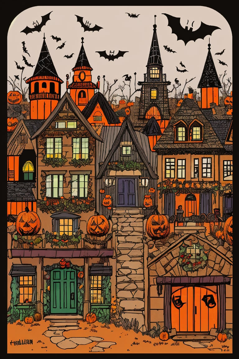 Flat art , 6 colors. Heavy line weight. Illustration scene  of a Halloween village  environment. 