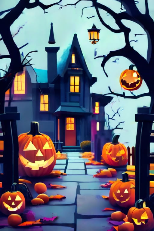 Flat art , 6 colors. Heavy line weight. Illustration scene  of a Halloween village  environment. Simplistic.  Minimalistic.  Cute image. Sfw, pumpkins. Spider webs. Halloween  color palette. 