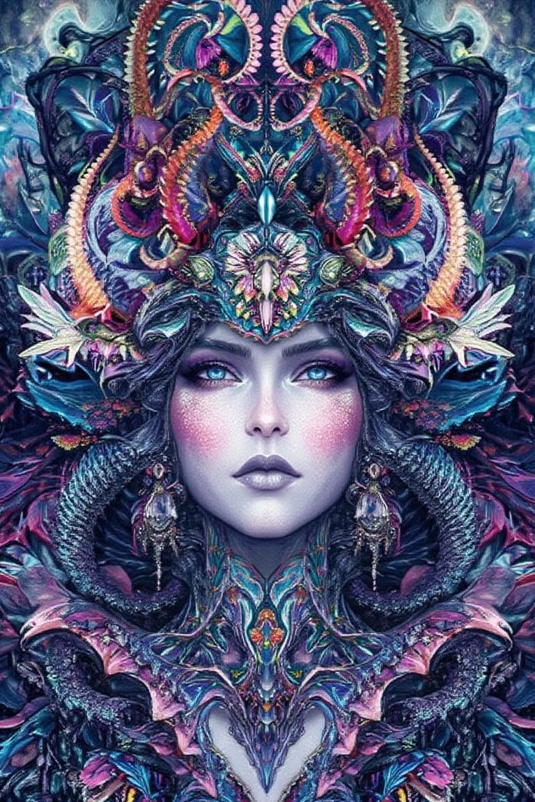 visionary art ,pen art,Dark Dramatic Ancient Elegant dark Goddess of the night , woman seen from the waist up, by Anna Dittmann and android jones,perfectly symmetrical image,Vibrant, In Watercolour,pen art, visionary art, symmetrical, beautiful detailed eyes (masterpiece, best quality, ultra-detailed), (perfect anatomy), High detailed, detailed background, anatomically correct, beautiful face, detailed hands, perfect eyes, expressive eyes, score_9, score_8_up, score_7_up, best quality, masterpiece, 4k,vivid colors,neon highlights,uv,