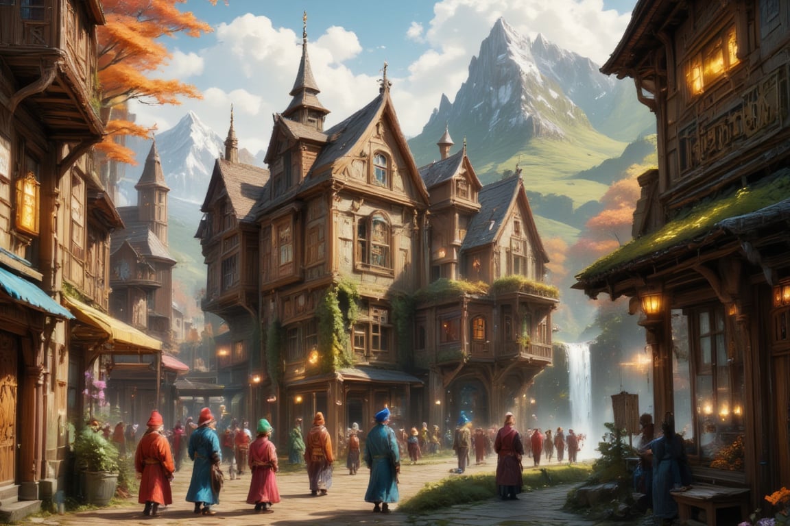  Beautiful Elven university and storybook cottages and shops  in a Fantasy Elven Village in autumn , mountains and waterfalls in the distance,Cobblestone road,atmospheric sun rays, gnomes elf villagers walking around,Trees, Hyperdetailed, colourful, digital Concept art, done on procreate,lightroom, Renaissance architecture, Lovely, Picturesque, Art by Eddie Mendoza, Studio Ghibli, Geometric Jean-baptiste Monge, Ivan Shishkin, Jordan Grimmer, An Jung-Hwan, yoann lossel, marc simonetti, HD, 8k,