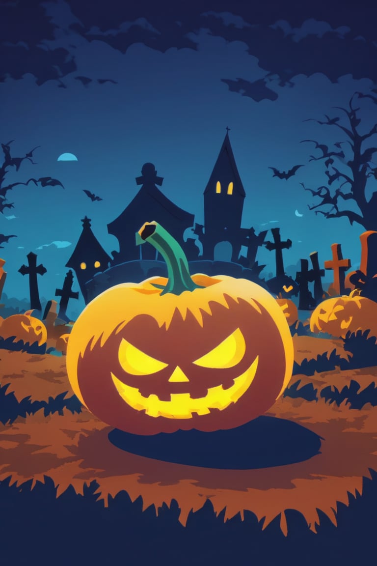 Pop Art medium shot of a halloween themed image,  ,pumpkin,  from an anime-style illustration, rendered in realistic sketch style. The scene is within out of focus graveyard and night sky background that fades out of focus , adding depth and mystery.5 colors, simple image, background out of focus, 