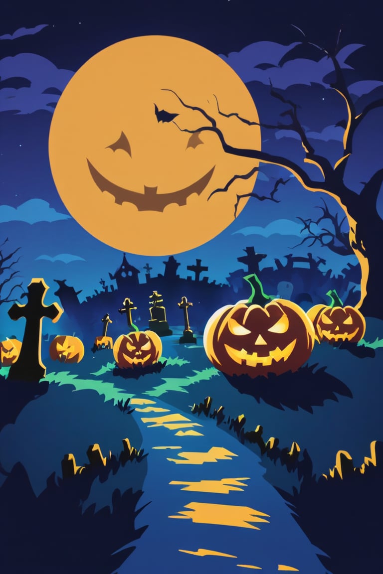 Pop Art medium shot of a halloween themed image,  ,pumpkin,  from an anime-style illustration, rendered in realistic sketch style. The scene is within out of focus graveyard and night sky background that fades out of focus , adding depth and mystery.5 colors, simple image, 