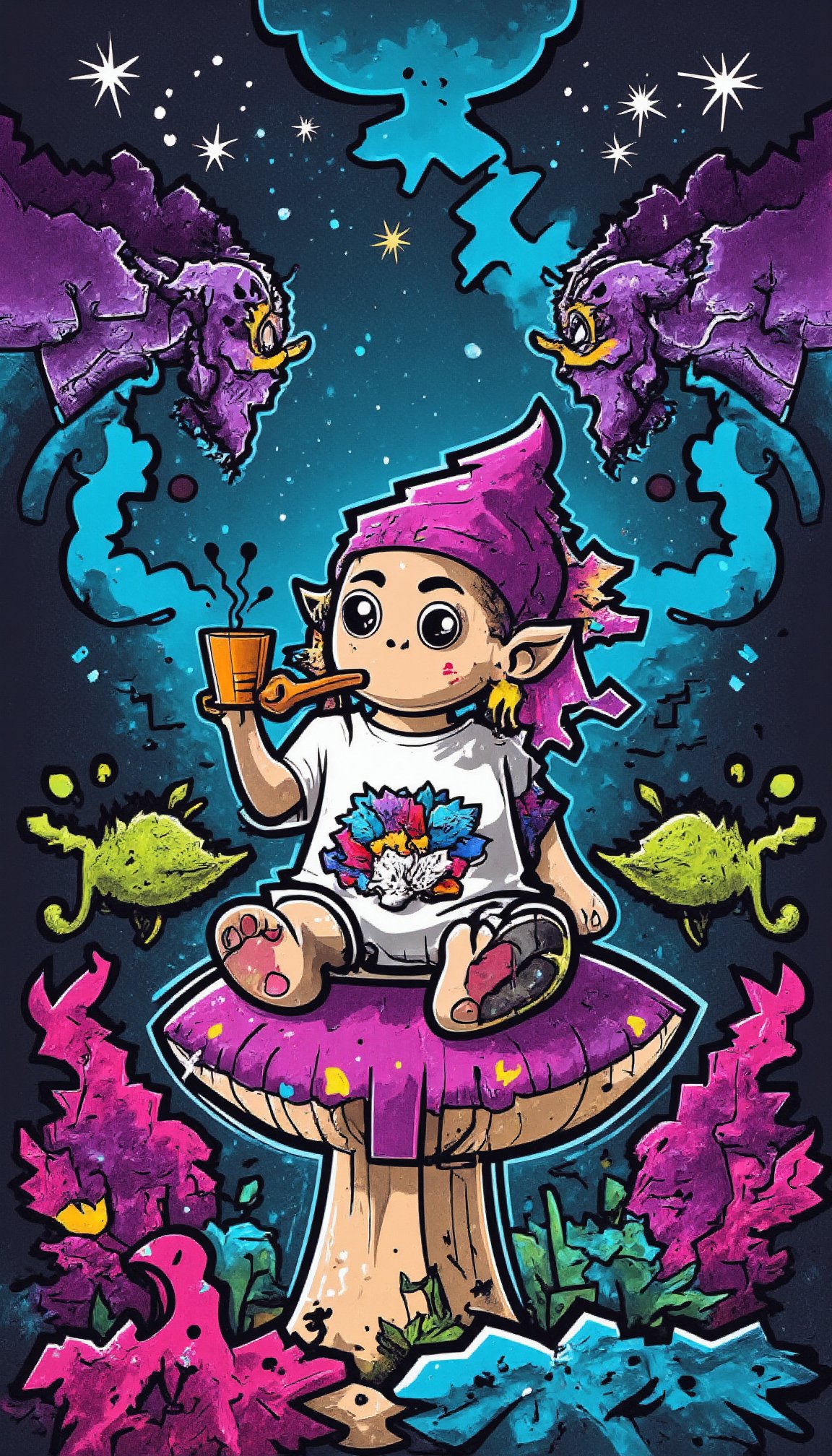 Rug design , digitized vector, minimalist design, visionary art style vector art, a  cute gnome sitting on a mushroom smoking his pipe gazing up into the stars, fully immersed in the enchanting symphony of the night.,visionary art style, this gnome sits in a forest  full body gnome sitting down on a mushroom, fantasy world , fractals, vivid color, "psychedelic visionary art , Shamanic vision, esoteric, full body human,medium shot, perfect anatomy , psychedelic landscape  , ripples of fractal energy fractals (masterpiece, best quality, vector-detailed), (perfect hands, perfect anatomy,perfect feet,perfect hands) perfect face, vector shading, clearly defined  line work, detailed background, anatomically correct, detailed hands, perfect eyes, expressive eyes, score_9, score_8_up, score_7_up, best quality, masterpiece, 4k,visionary art,