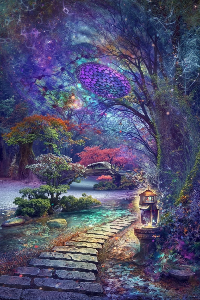 A serene Japanese Zen garden in autumn,  with a traditional wooden bridge arching over a koi pond,  surrounded by meticulo...
