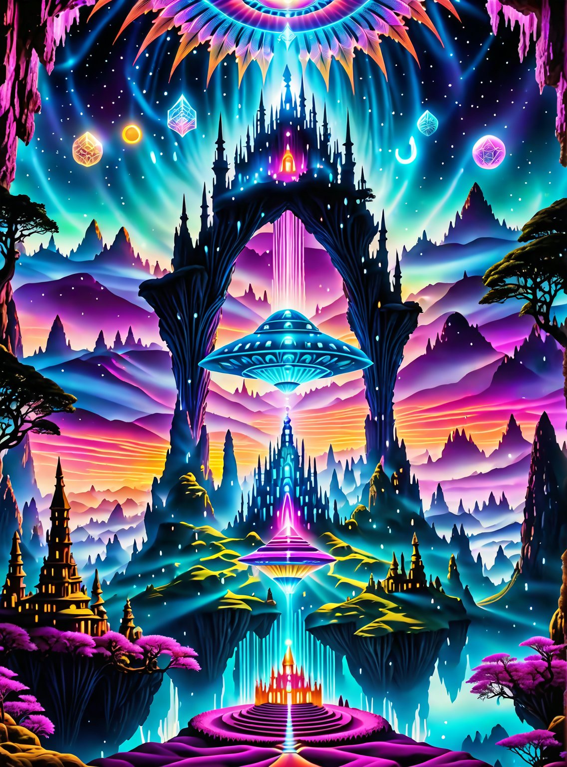 In the center of the cave entrance surrounded by a large crystal formations is a GIANT CASTLE AND A UFO MAE OF THAT IS MAD...