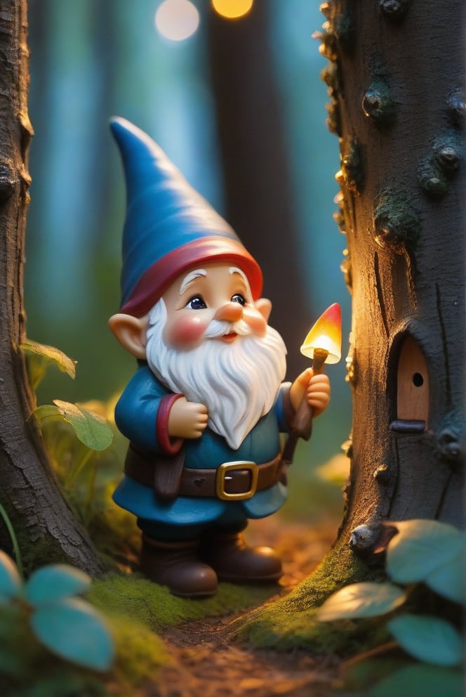 a little gnome walking  through a forest , three  quarters  view, large forest small gnome, dusk time, fire flies , sunset seen through the trees, whimsical  environment. 