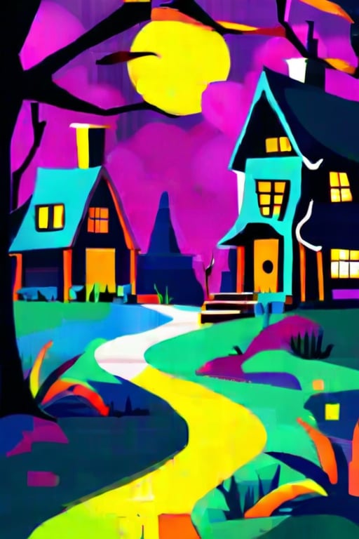 Flat art , 6 colors. Heavy line weight. Illustration scene  of a Halloween village  environment. 