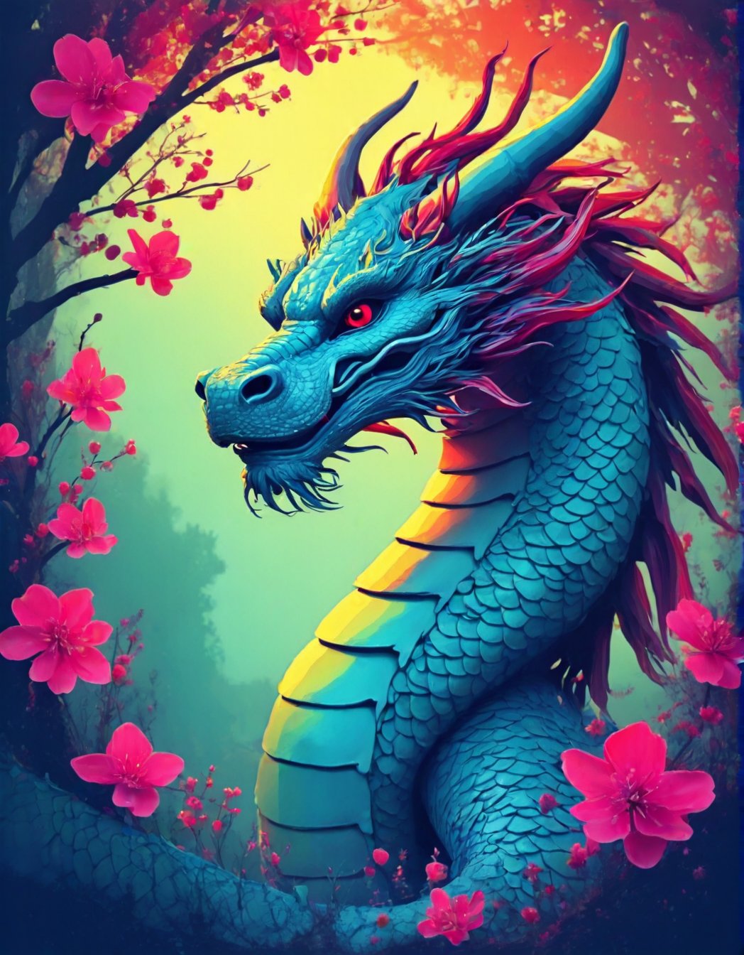 Flat art , 6 colors. Heavy line weight. Illustration scene ,Pop Art Close-up shot of aa chinese dragon  The scene is framed within a out of focus garden background that fades , . Simplistic.  Minimalistic.    Vibrant color.  no shading . No highlights . Flat art