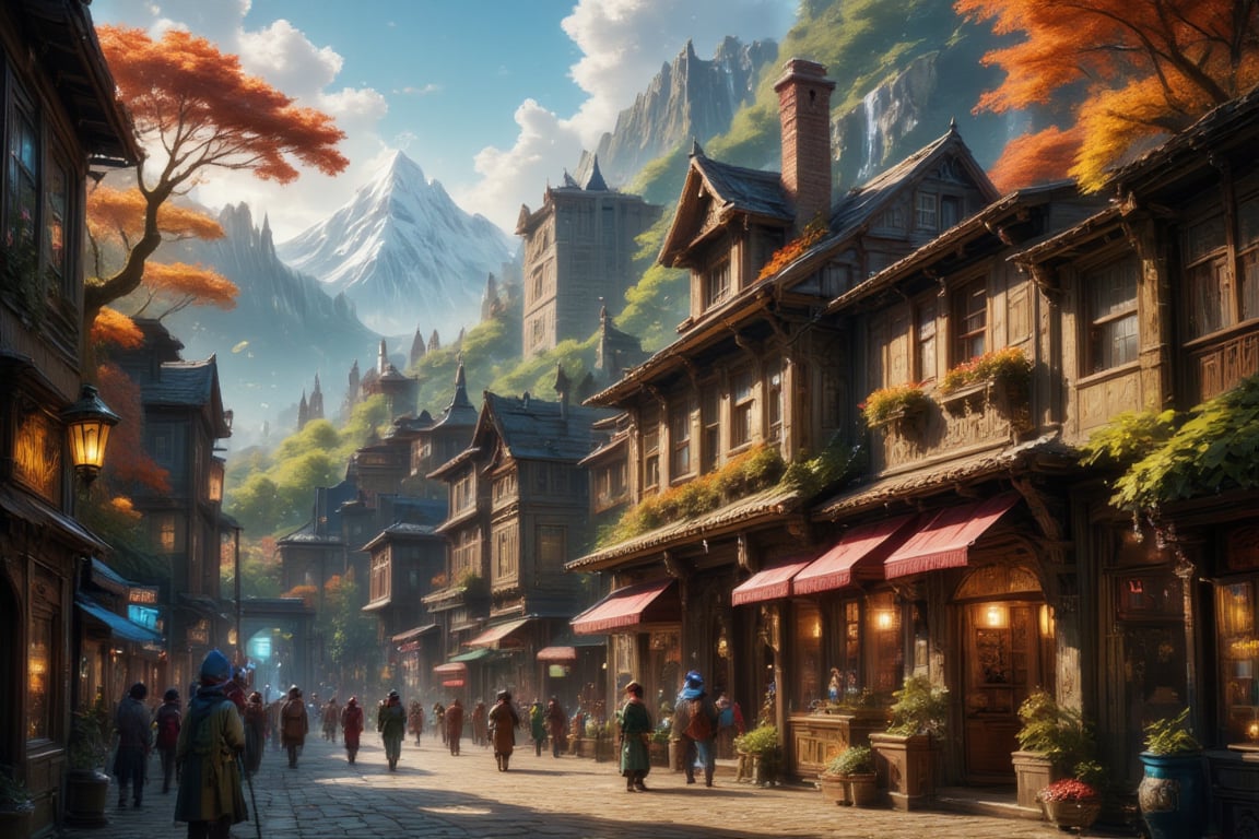  Beautiful Elven university and storybook cottages and shops  in a Fantasy Elven Village in autumn , mountains and waterfalls in the distance,Cobblestone road,atmospheric sun rays, gnomes elf villagers walking around,Trees, Hyperdetailed, colourful, digital Concept art, done on procreate,lightroom, Renaissance architecture, Lovely, Picturesque, Art by Eddie Mendoza, Studio Ghibli, Geometric Jean-baptiste Monge, Ivan Shishkin, Jordan Grimmer, An Jung-Hwan, yoann lossel, marc simonetti, HD, 8k,