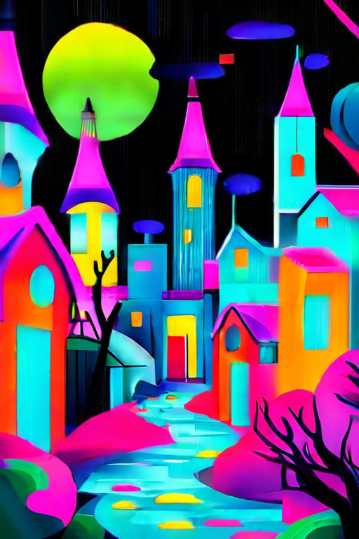 Flat art , 6 colors. Heavy line weight. Illustration scene  of a Halloween village  environment. 