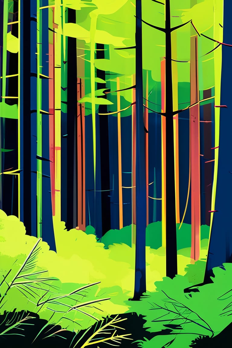 Flat art , 6 colors. Heavy line weight. Illustration scene  of a old growth forest  environment. Simplistic.  Minimalistic.   Spider webs. Vibrant color.  no shading . No highlights . Flat art