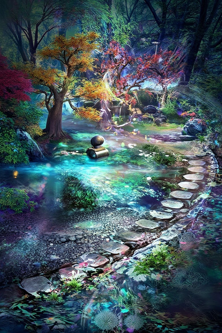 A serene Japanese Zen garden in autumn,  with a traditional wooden bridge arching over a koi pond,  surrounded by meticulo...