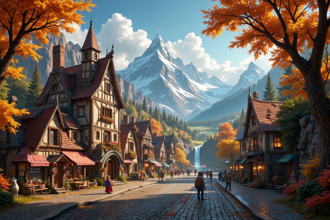 Beautiful Elven university and storybook cottages and shops in a Fantasy Elven Village in autumn ,  mountains and waterfal...