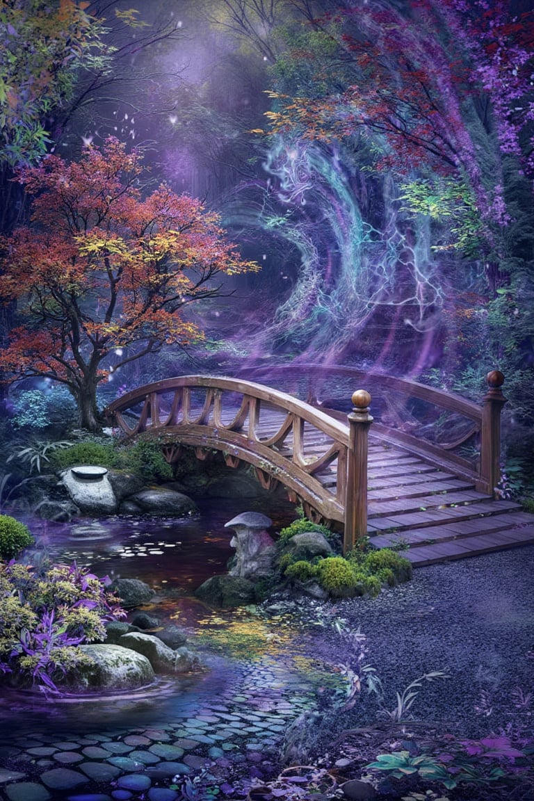 A serene Japanese Zen garden in autumn,  with a traditional wooden bridge arching over a koi pond,  surrounded by meticulo...
