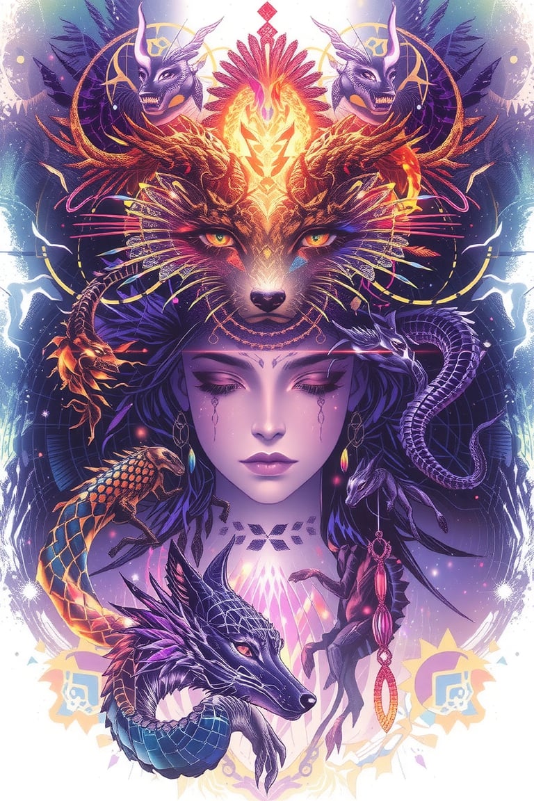 visionary art ,pen ink art medium ,Dark Dramatic Ancient Elegant Egyptian Goddess and a wolf spirit, by Anna Dittmann and android jones, Vibrant, done with Watercolour and pen ink, visionary art, symmetrical ,visionary art,Flat art , 6 colors. Heavy line weight. Illustration scene Dark Dramatic Ancient Elegant Egyptian Rain Goddes and her wolf and dragon water spirits, Simplistic. Minimalistic. Vibrant color. no shading . No highlights . Flat art