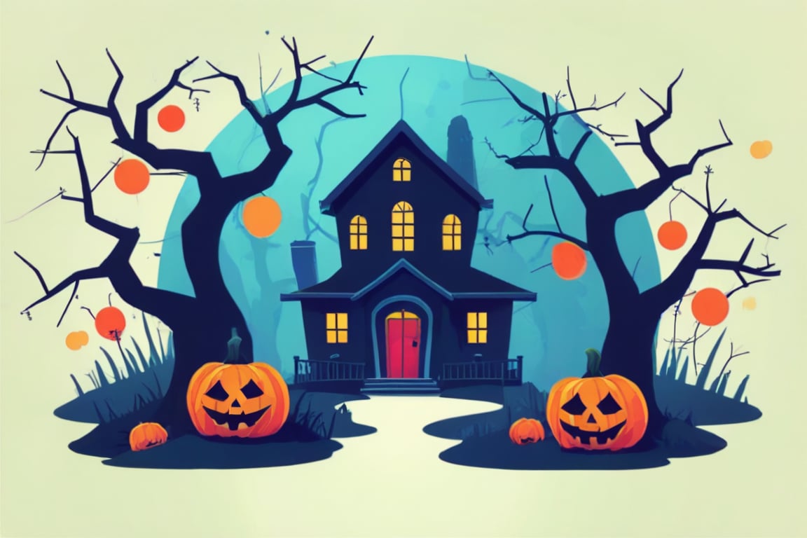 Flat art , 6 colors. Heavy line weight. Illustration scene  of a Halloween themed  environment. Simplistic.  Minimalistic.  Cute image. Sfw, pumpkins. Spider webs. Halloween  color palette. Vibrant color. (Spider webs between some of the trees )