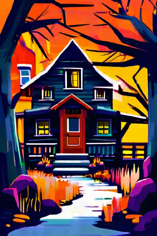 Flat art , 6 colors. Heavy line weight. Illustration scene  of a Halloween village  environment. 