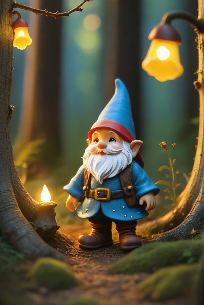 a little gnome walking  through a forest , three  quarters  view, large forest small gnome, dusk time, fire flies , sunset seen through the trees, whimsical  environment. 