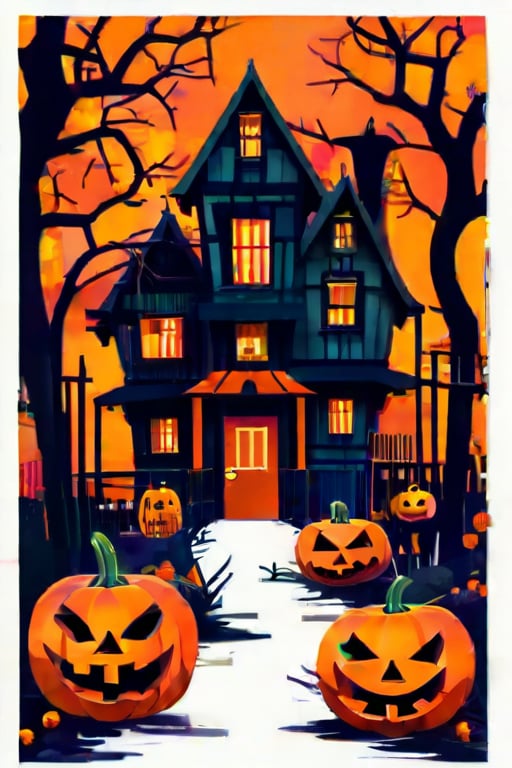 Flat art , 6 colors. Heavy line weight. Illustration scene  of a Halloween village  environment. Simplistic.  Minimalistic.  Cute image. Sfw, pumpkins. Spider webs. Halloween  color palette. 