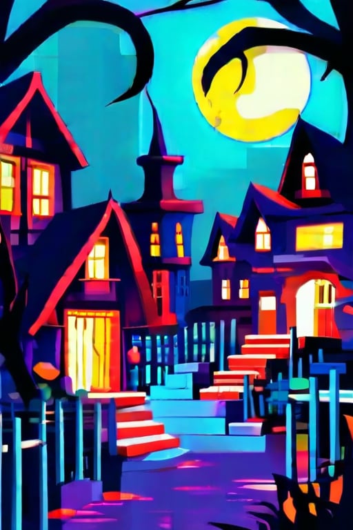 Flat art , 6 colors. Heavy line weight. Illustration scene  of a Halloween village  environment. 