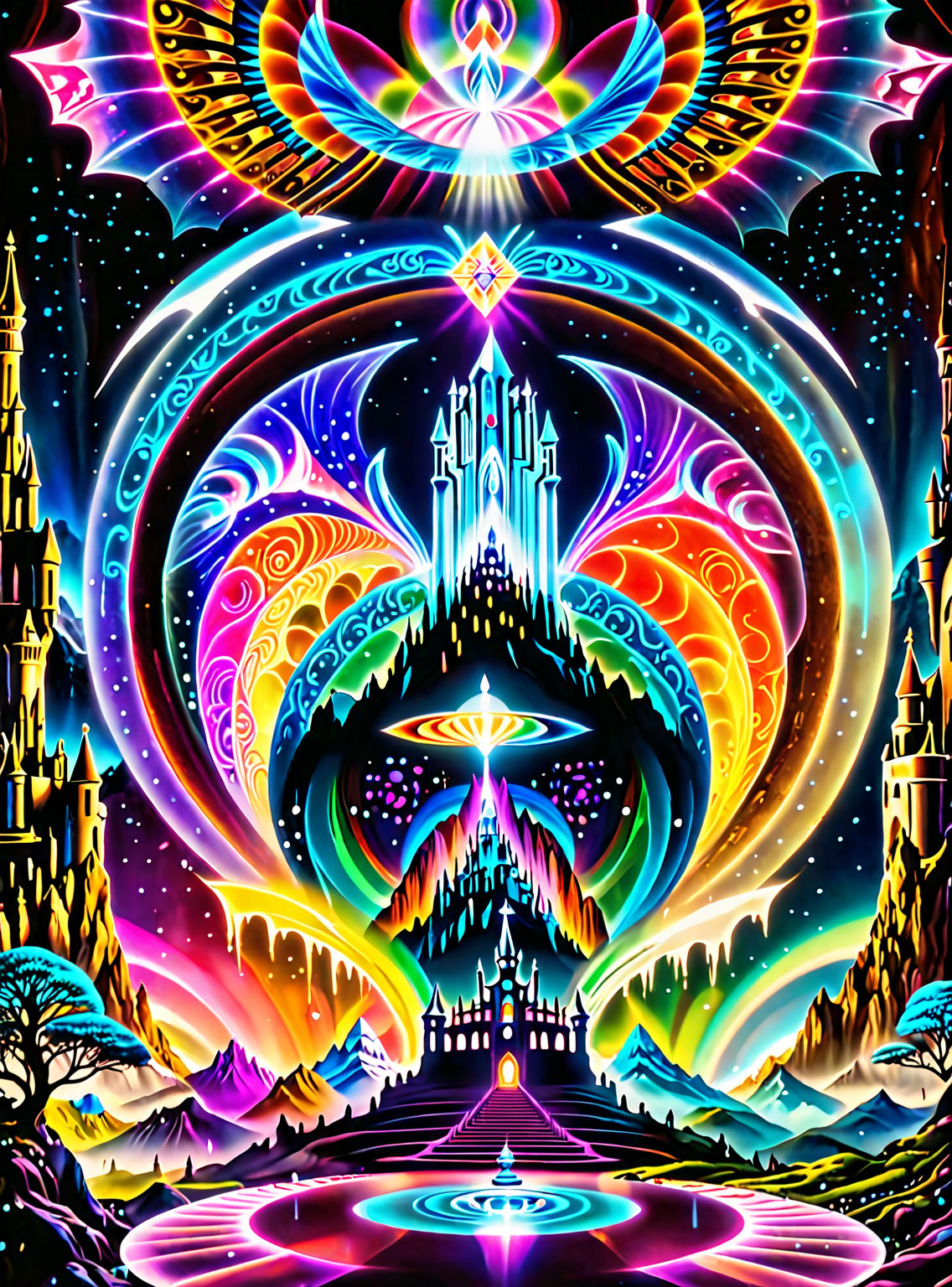 ((In the center of the MYSTICAL cave entrance surrounded by a large crystal formations is a GIANT CASTLE AND A SEMI TRANSP...