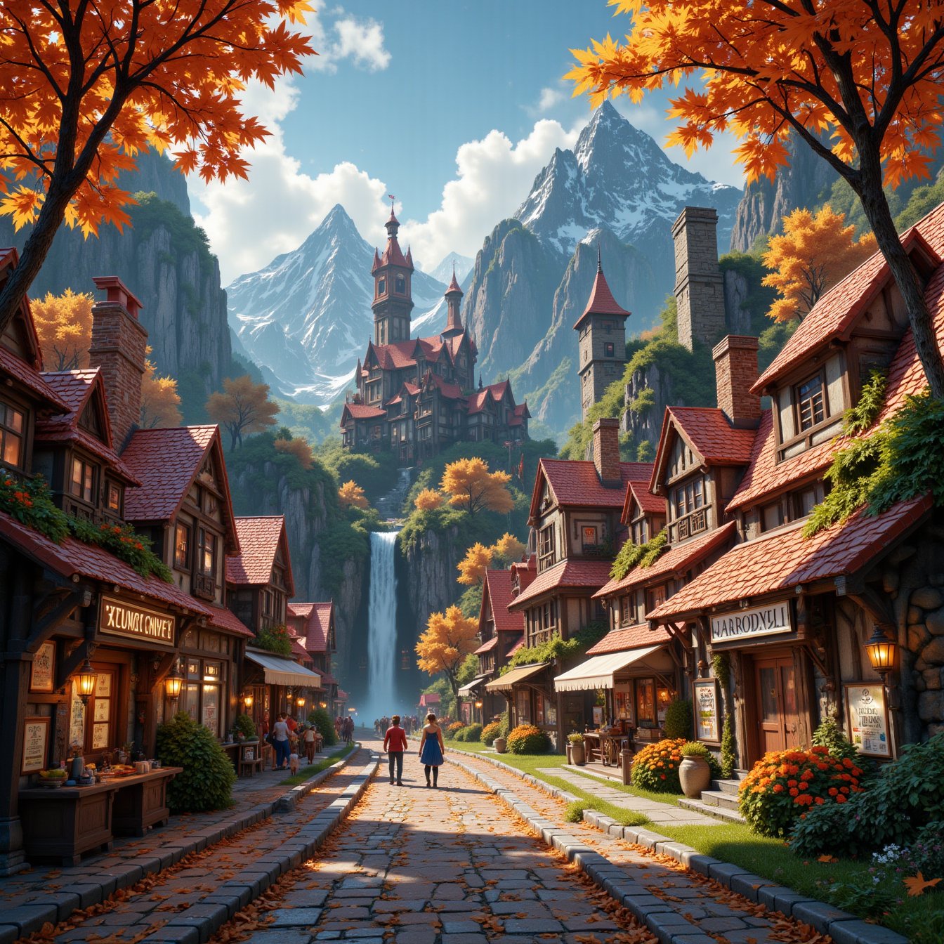 Beautiful Elven university and storybook cottages and shops in a Fantasy Elven Village in autumn ,  mountains and waterfal...