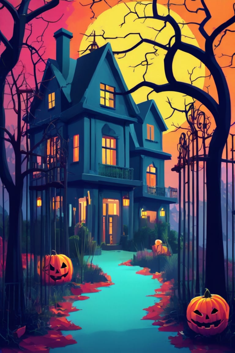 Flat art , 6 colors. Heavy line weight. Illustration scene  of a Halloween village  environment. Simplistic.  Minimalistic.  Cute image. Sfw, pumpkins. Spider webs. Halloween  color palette. Vibrant color. (Spider webs between some of the trees )