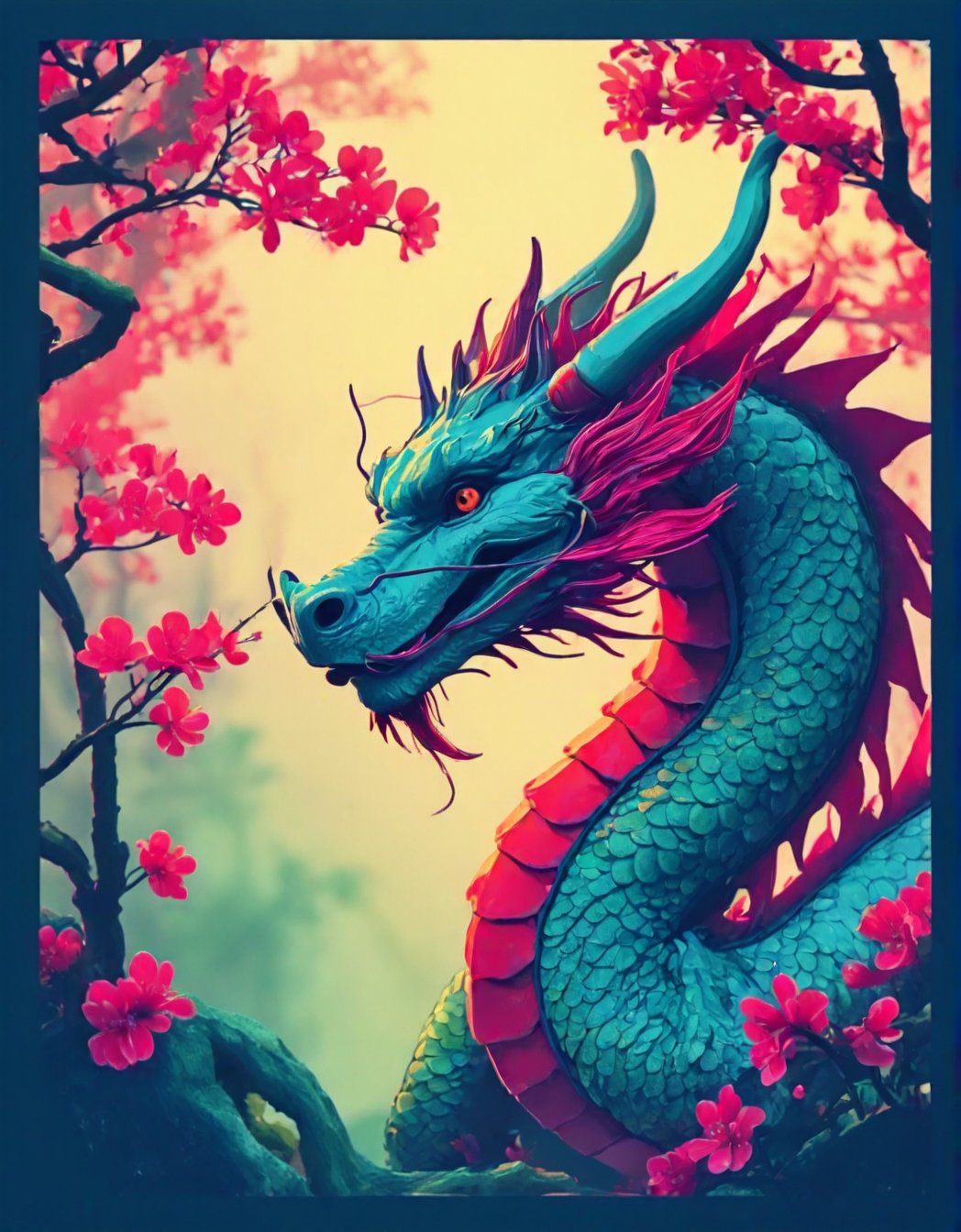 Flat art , 6 colors. Heavy line weight. Illustration scene ,Pop Art Close-up shot of aa chinese dragon  The scene is framed within a out of focus garden background that fades , . Simplistic.  Minimalistic.    Vibrant color.  no shading . No highlights . Flat art