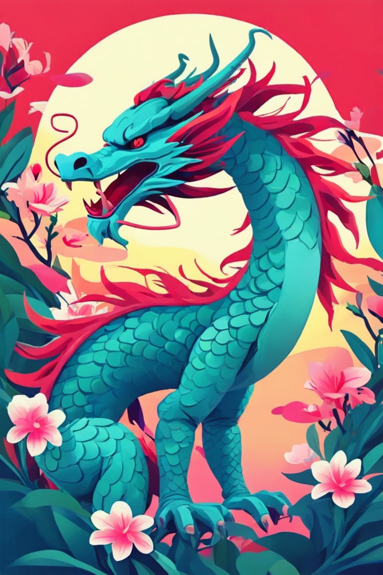 Flat art , 6 colors. Heavy line weight. Illustration scene ,Pop Art Close-up shot of aa chinese dragon  The scene is framed within a out of focus garden background that fades , . Simplistic.  Minimalistic.    Vibrant color.  no shading . No highlights . Flat art