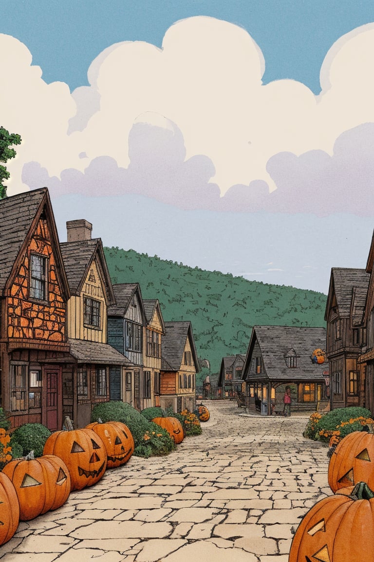 Flat art , 6 colors. Heavy line weight. Illustration scene  of a Halloween village  environment. 