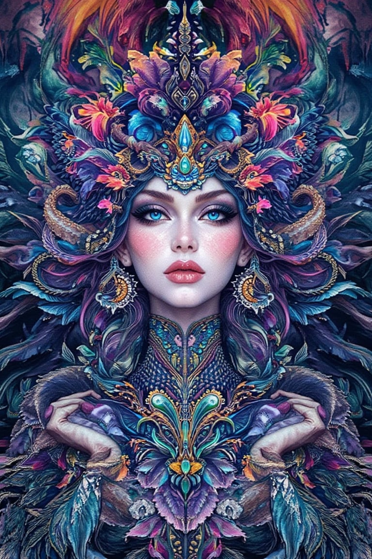 visionary art ,pen art,Dark Dramatic Ancient Elegant dark Goddess of the night , woman seen from the waist up, by Anna Dittmann and android jones,perfectly symmetrical image,Vibrant, In Watercolour,pen art, visionary art, symmetrical, beautiful detailed eyes (masterpiece, best quality, ultra-detailed), (perfect anatomy), High detailed, detailed background, anatomically correct, beautiful face, detailed hands, perfect eyes, expressive eyes, score_9, score_8_up, score_7_up, best quality, masterpiece, 4k,vivid colors,neon highlights,uv,