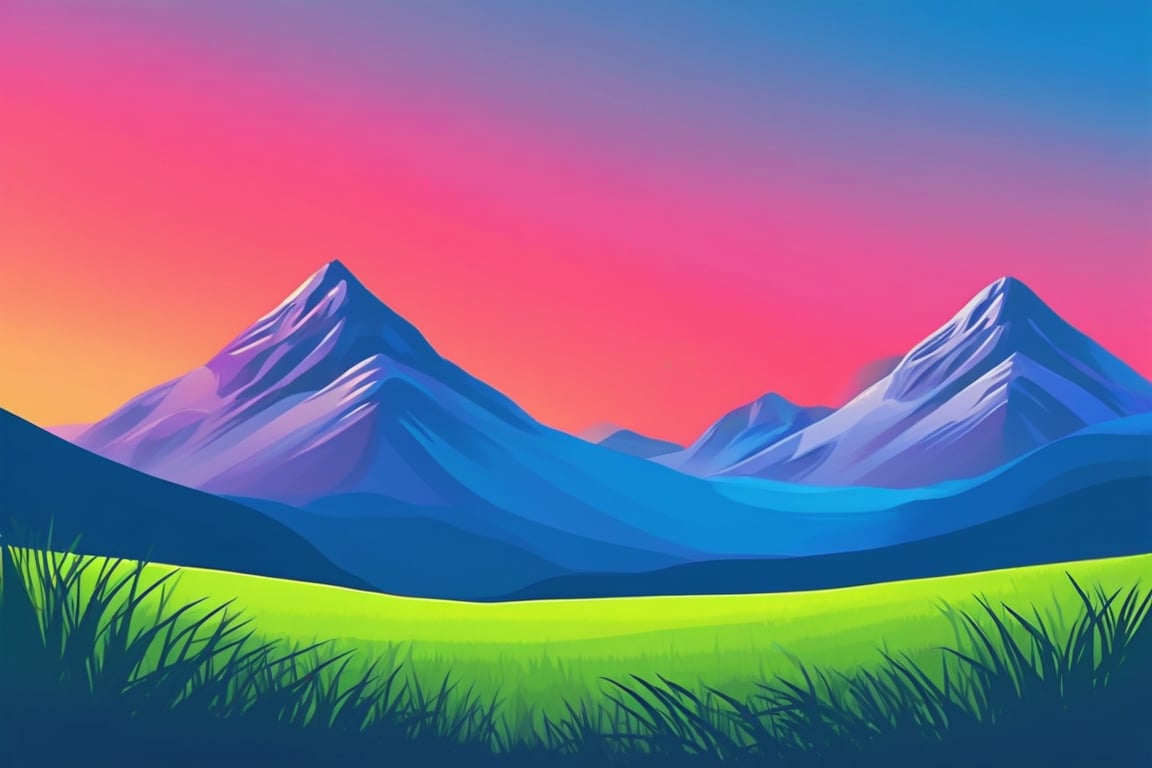 Flat art , 6 colors. Heavy line weight. Illustration scene  of a grassland with mountains in the distance environment. Simplistic.  Minimalistic.  Vibrant color.  no shading . No highlights . Flat art