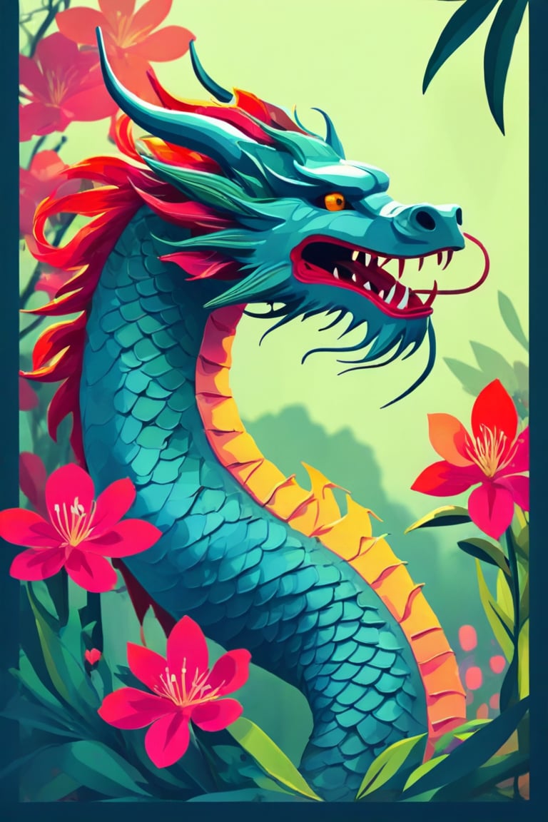 Flat art , 6 colors. Heavy line weight. Illustration scene ,Pop Art Close-up shot of aa chinese dragon  The scene is framed within a out of focus garden background that fades , . Simplistic.  Minimalistic.    Vibrant color.  no shading . No highlights . Flat art