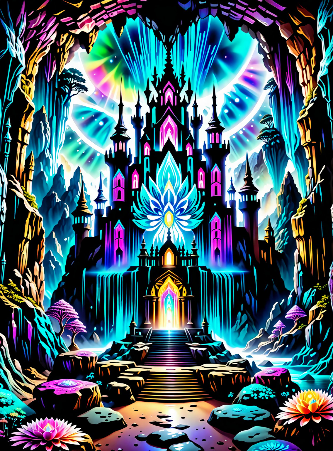 In the center of the cave entrance surrounded by a large crystal formations is a GIANT  CASTLE SPIRIT THAT IS MADE OUT OF SPIRITUAL ENERGY, it is made of translucent light and spiritual energy . A magical land psychedelic landscape wonderland with a  Guardian Spirit to watch over all. Dmt visuals. (visionary art style). ((symmetrical)) , uv, neon., uv highlights 
 fractals, sacred  geometry  and vivid color, (perfect symmetry),
 . Spirit realm, psychedelic landscape  , (masterpiece, best quality, ultra-detailed),, High detailed, detailed background, score_9, score_8_up, score_7_up, best quality, masterpiece,)) 4k,visionary art, everything fits into the image,