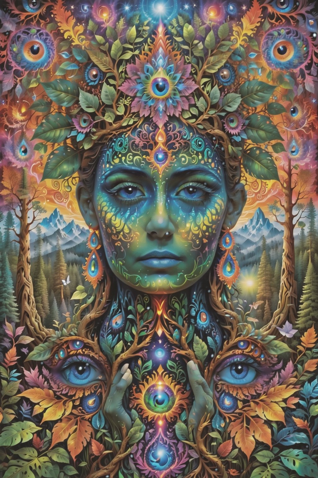 a forest of transcendence that opens up to the spirit realm surrounding breaking down physical reality into the spirit realm . , fractals, vivid color, 
"Visionary art is art that purports to transcend the physical world and portray a wider vision of awareness including spiritual or mystical themes, or is based in such experiences." , psychedelic visionary art ,animal spirits, ,spirits,spirit guides, , . Shamanic visions , ayahuasca visions . Spirit realm, metaphysical realm, esoteric,style, ,medium shot, perfect anatomy , psychedelic landscape surrounding the person , (masterpiece, best quality, ultra-detailed), (perfect hands, perfect anatomy), High detailed, detailed background, anatomically correct, beautiful face, detailed hands, perfect eyes, expressive eyes, score_9, score_8_up, score_7_up, best quality, masterpiece, 4k,visionary art,ULTIMATE LOGO MAKER [XL],bl4ckl1ghtxl