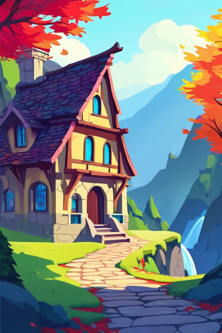 Flat art , 6 colors. Heavy line weight. Illustration scene Beautiful Elven storybook cottage in a Fantasy Elven Village in autumn , mountains and waterfalls in the distance,Cobblestone road,atmospheric sun rays,  colourful,  Renaissance architecture, Lovely, Picturesque,   environment. Simplistic.  Minimalistic.   Spider webs. Vibrant color.  no shading . No highlights . Flat art