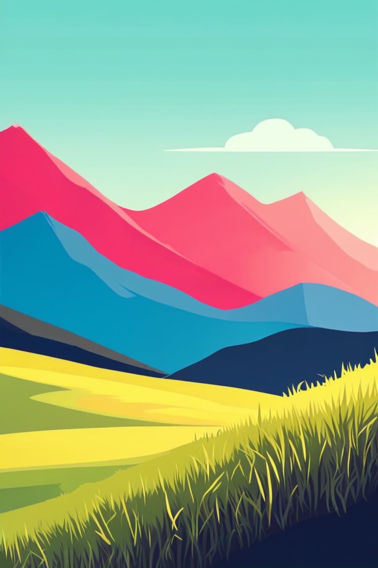 Flat art , 6 colors. Heavy line weight. Illustration scene  of a grassland with mountains in the distance environment. Simplistic.  Minimalistic.  Vibrant color.  no shading . No highlights . Flat art