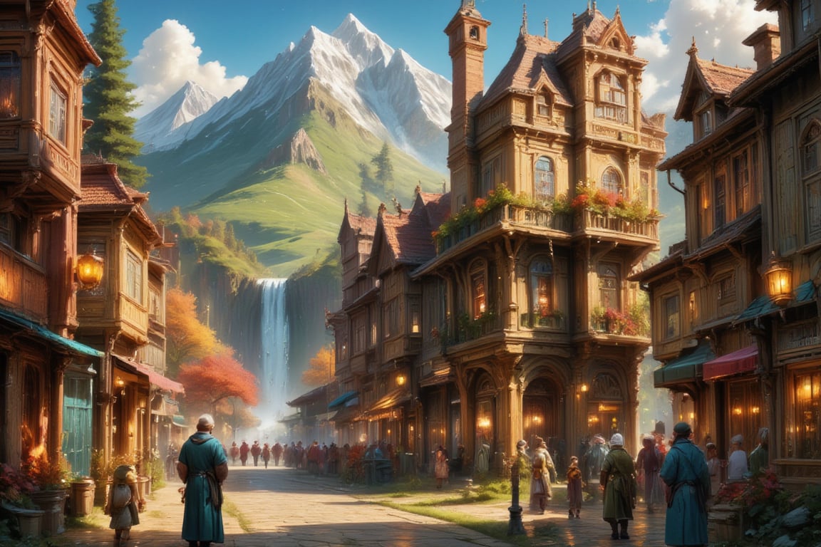  Beautiful Elven university and storybook cottages and shops  in a Fantasy Elven Village in autumn , mountains and waterfalls in the distance,Cobblestone road,atmospheric sun rays, gnomes elf villagers walking around,Trees, Hyperdetailed, colourful, digital Concept art, done on procreate,lightroom, Renaissance architecture, Lovely, Picturesque, Art by Eddie Mendoza, Studio Ghibli, Geometric Jean-baptiste Monge, Ivan Shishkin, Jordan Grimmer, An Jung-Hwan, yoann lossel, marc simonetti, HD, 8k,