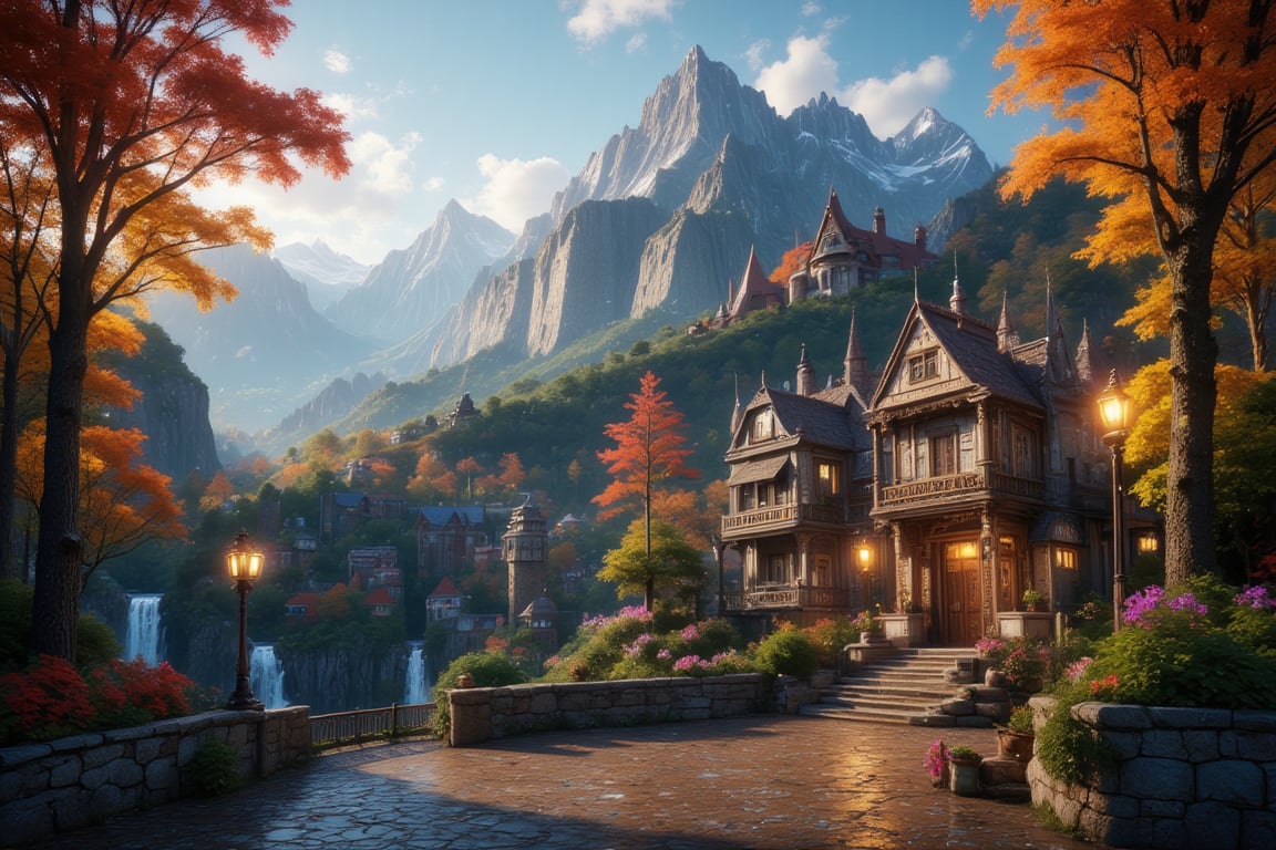  Beautiful Elven university and storybook cottages and shops  in a Fantasy Elven Village in autumn , mountains and waterfalls in the distance,Cobblestone road,atmospheric sun rays, gnomes elf villagers walking around,Trees, Hyperdetailed, colourful, digital Concept art, done on procreate,lightroom, Renaissance architecture, Lovely, Picturesque, Art by Eddie Mendoza, Studio Ghibli, Geometric Jean-baptiste Monge, Ivan Shishkin, Jordan Grimmer, An Jung-Hwan, yoann lossel, marc simonetti, HD, 8k,