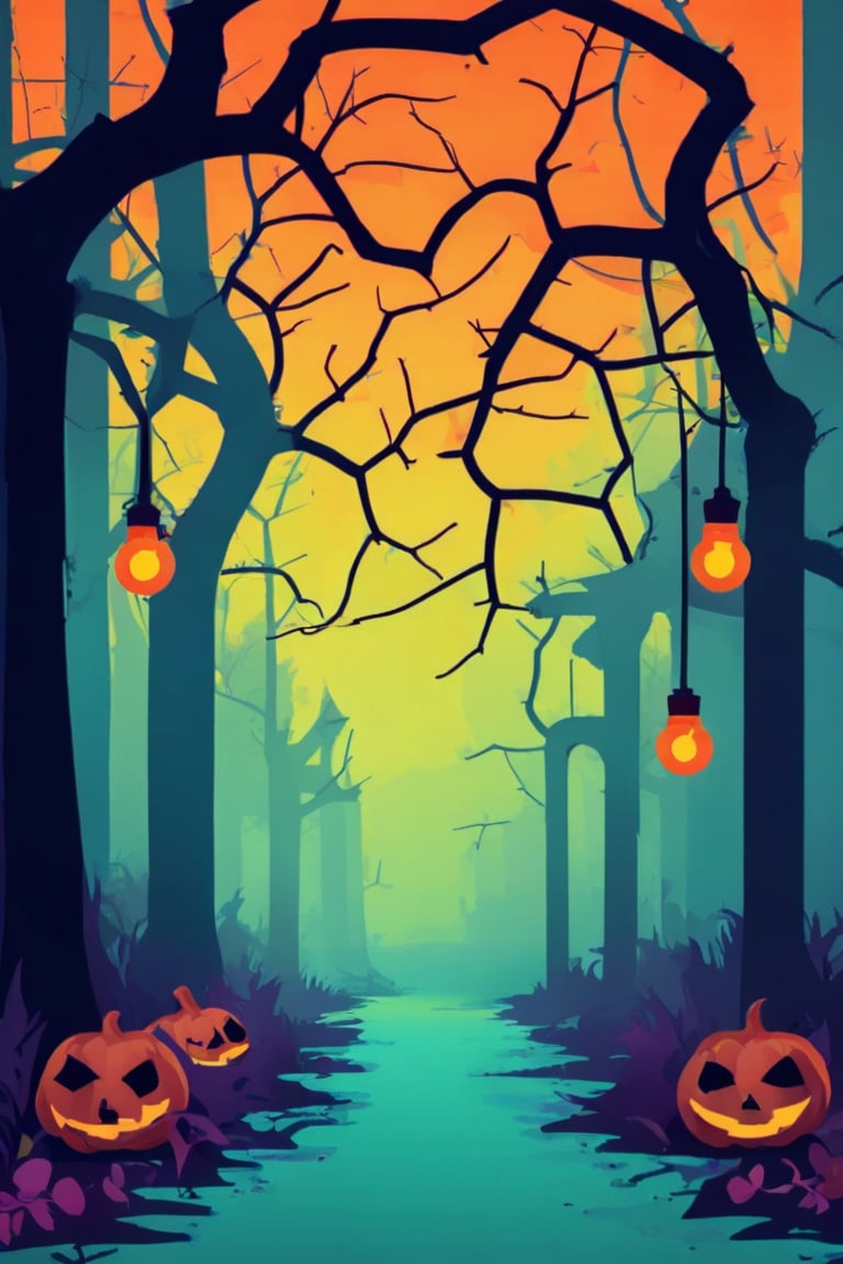 Flat art , 6 colors. Heavy line weight. Illustration scene  of a Halloween themed  environment. Simplistic.  Minimalistic.  Cute image. Sfw, pumpkins. Spider webs. Halloween  color palette. Vibrant color. (Spider webs between some of the trees )