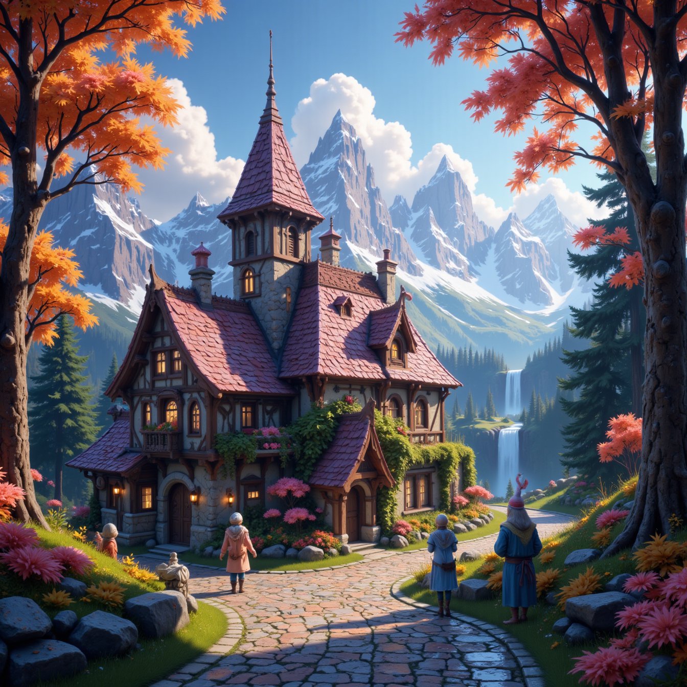 Beautiful Elven storybook cottage in a Fantasy Elven Village in autumn ,  mountains and waterfalls in the distance,  Cobbl...