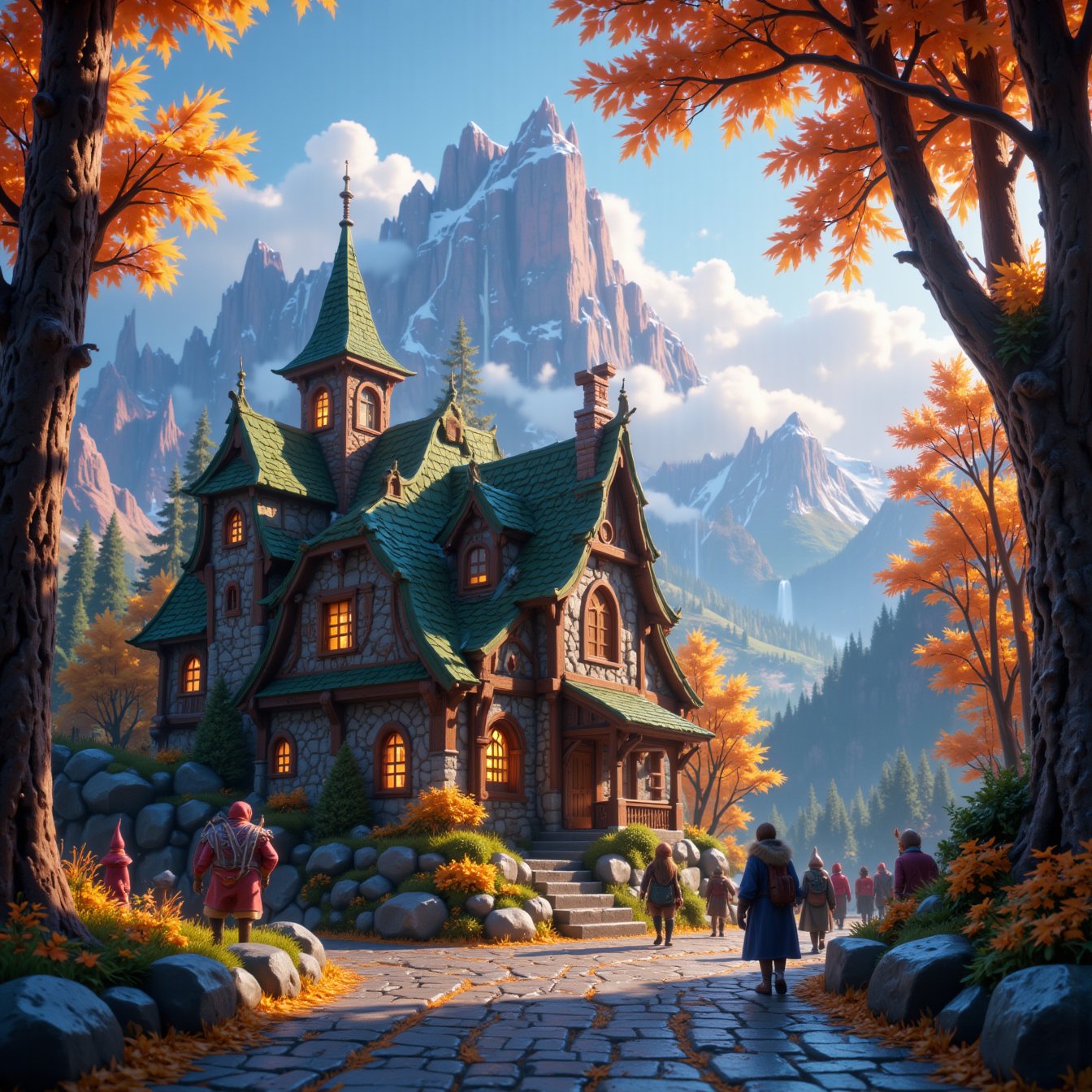 Beautiful Elven storybook cottage in a Fantasy Elven Village in autumn ,  mountains and waterfalls in the distance,  Cobbl...